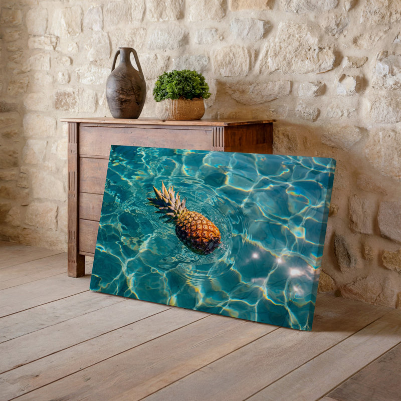 Toile, une scène tropicale vibrante avec un ananas mûr flottant, art gracieux dans une eau turquoise transparente, art du soleil sur toile