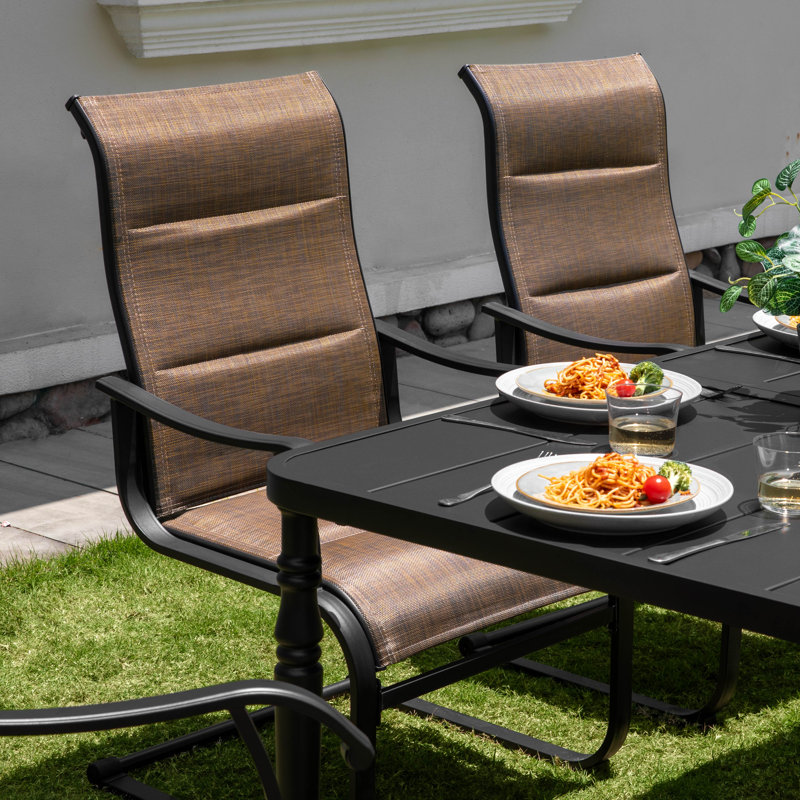 Ensemble de salle à manger de patio en polyester enduit de PVC 7 pièces, pieds de chaise à ressort en C et trou pour parasol
