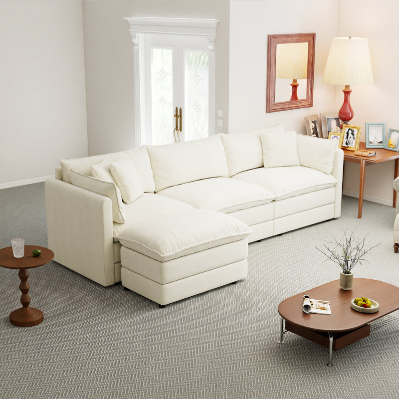 112" L Shaped Modern Sofa Modular Sectional Cloud Couch With Ottoman, 4-Seat Chenille Deep Seat Sofa With Pillow For Living Room