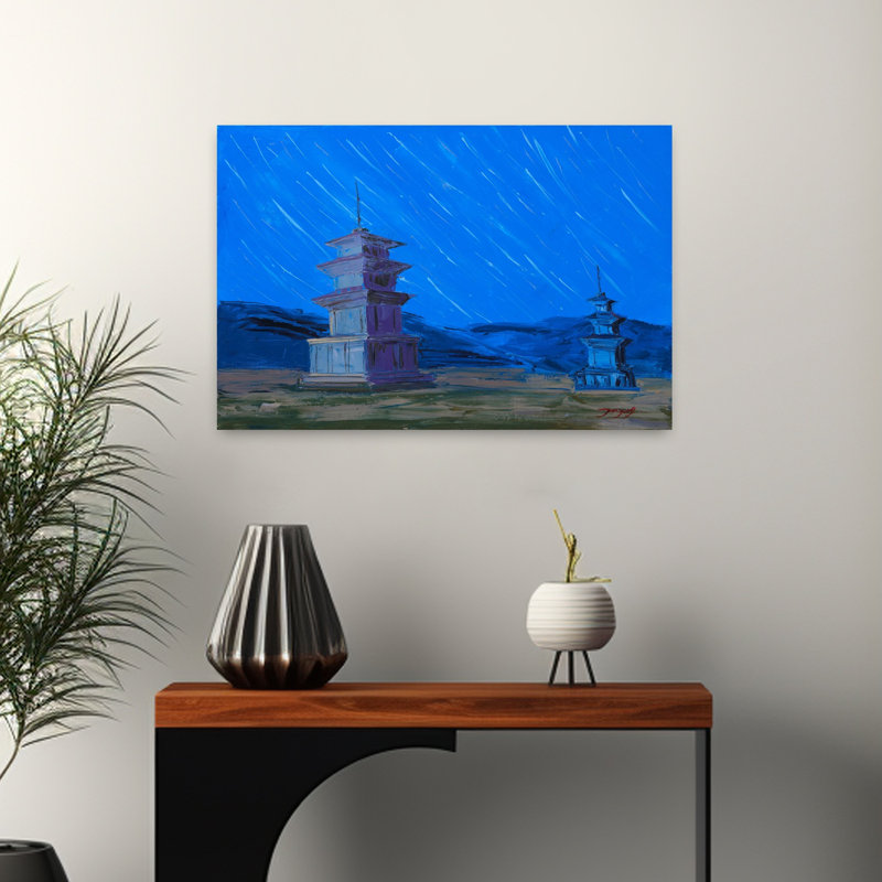 Ancienne Pagode, ciel nocturne, architecture mystique sereine, paysage dramatique, H 16 po x l 24 po
