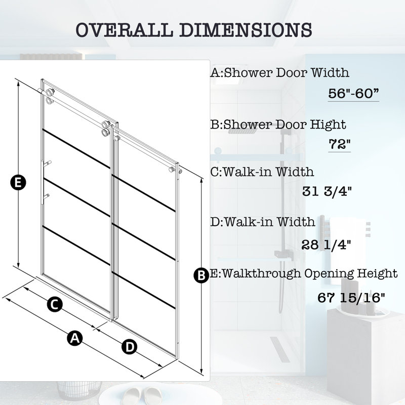 56'' - 60'' W X 72'' H Single Sliding Door Framed Shower Door