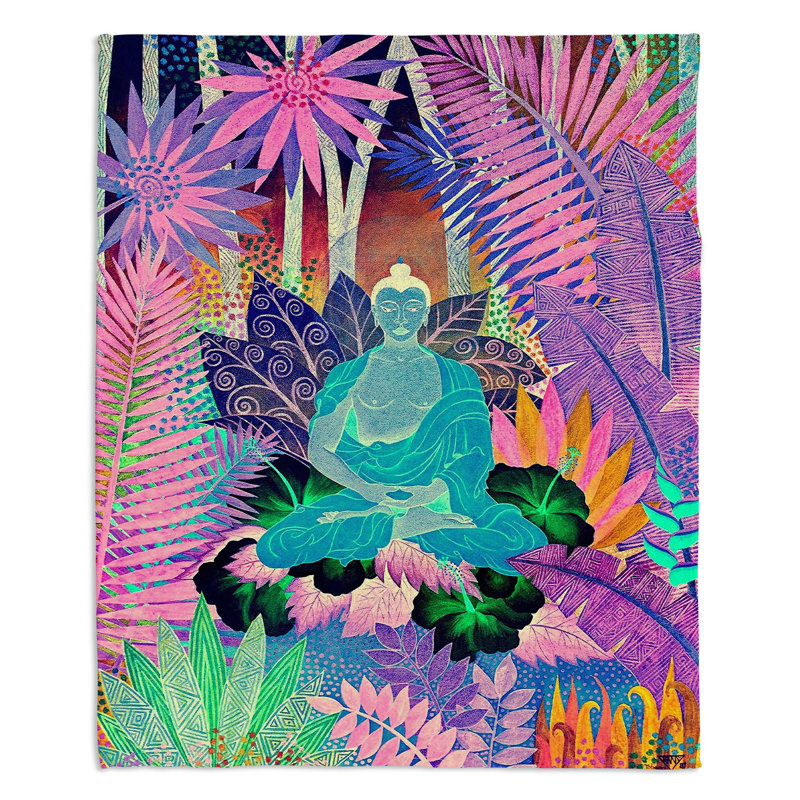Couverture en sherpa Buddha In The Jungle Ii, l 68 po x L 80 po, Bleu / Vert / Mauve