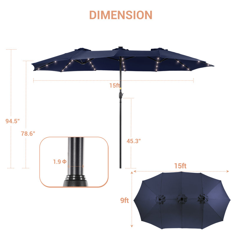 Parasol de marché solaire à DEL 15 pi x 9 pi avec base Mabry, Bleu marine