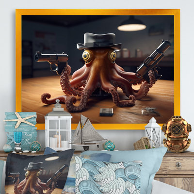 Mobster Octopus with Hat - Impression sans cadre sur métal