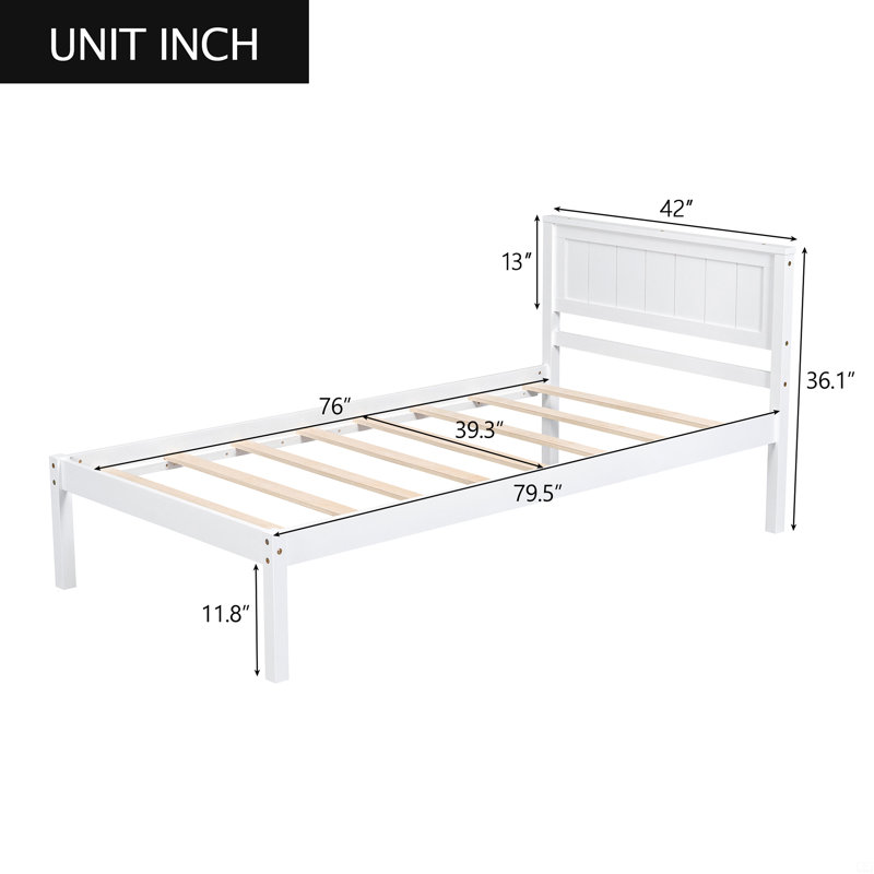 Base de lit plateforme avec tête de lit, support à lattes de bois, aucun sommier requis, simple, Lit simple, Blanc