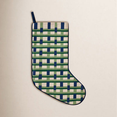 Abstract Plaid Blue Embroidered Holiday Stocking