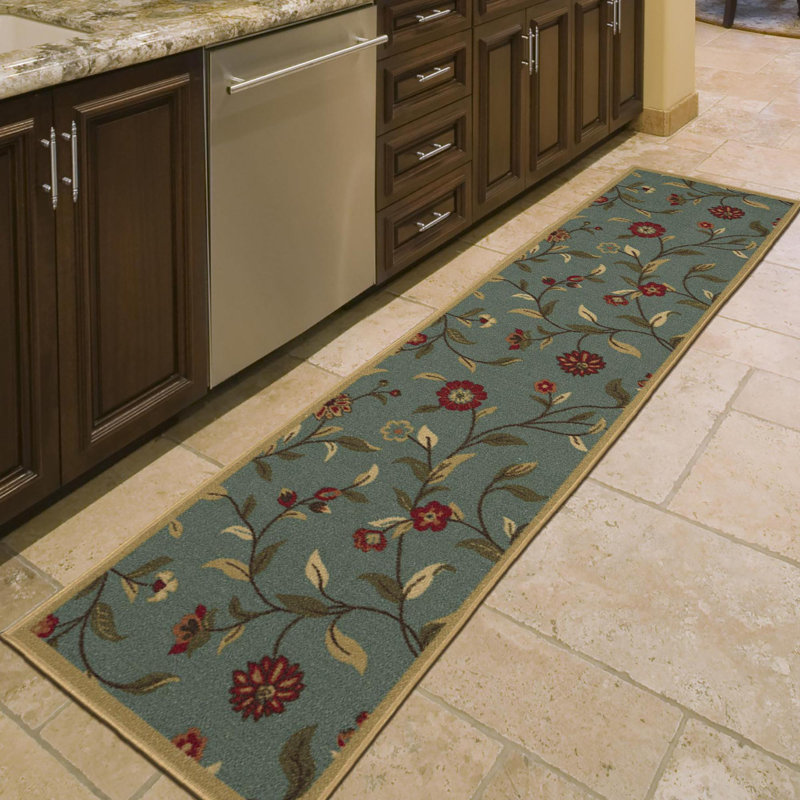 Ottohome Non-Slip Floral Leaves Area Rug For Living Room, Hallway, Entryway Rug, Seafoam Green, Runner 1'10" x 6'