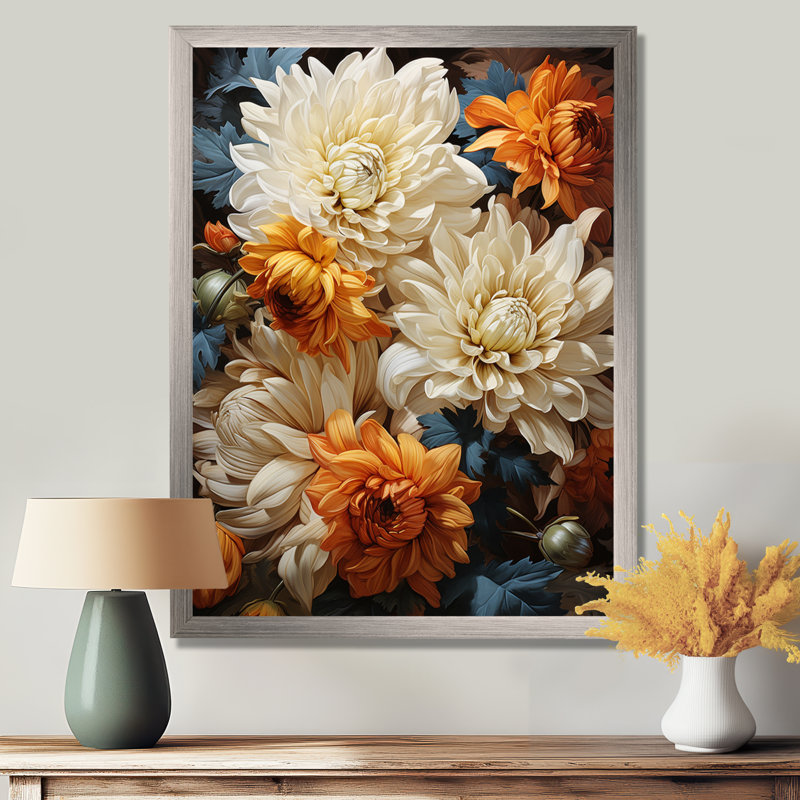 Yilin Chrysanthemums Autumn Gold Showcases - Chrysanthemums Wall Art Decor, H 32 po x l 16 po x P 1 po, Cadre flottant blanc