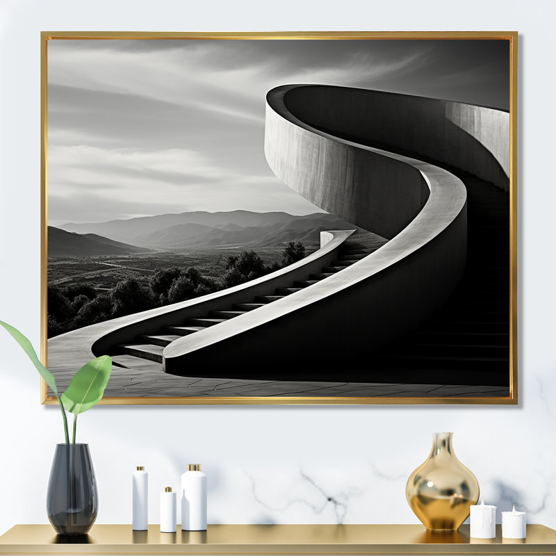 " Serpentine Solitude Staircase ", 34" H x 44" W x 1.5" D, Gold Floater Framed