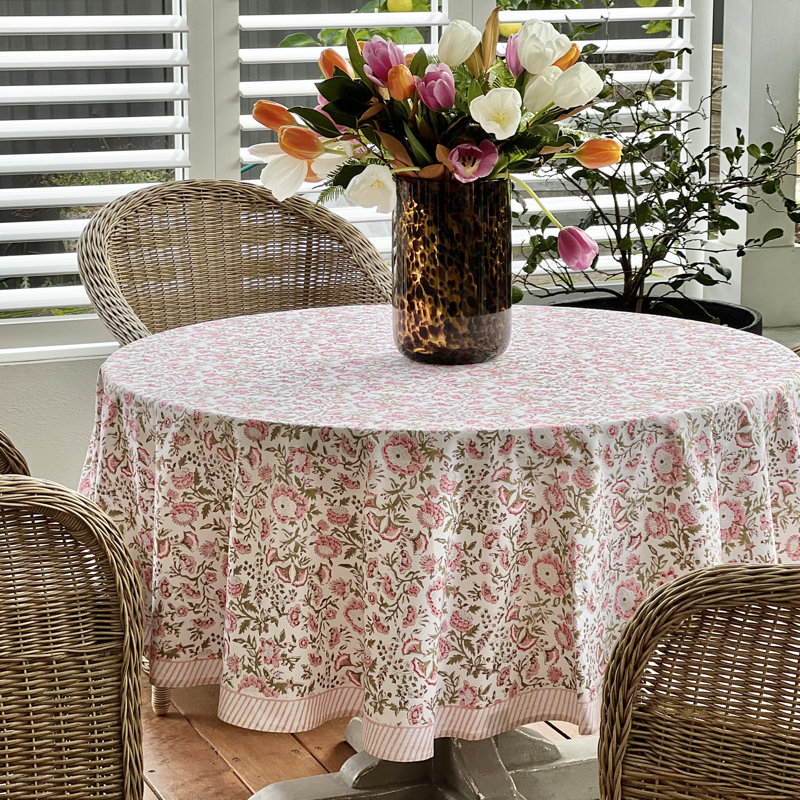 Round Tablecloth - Pink and Green Floral pattern, 90" Round