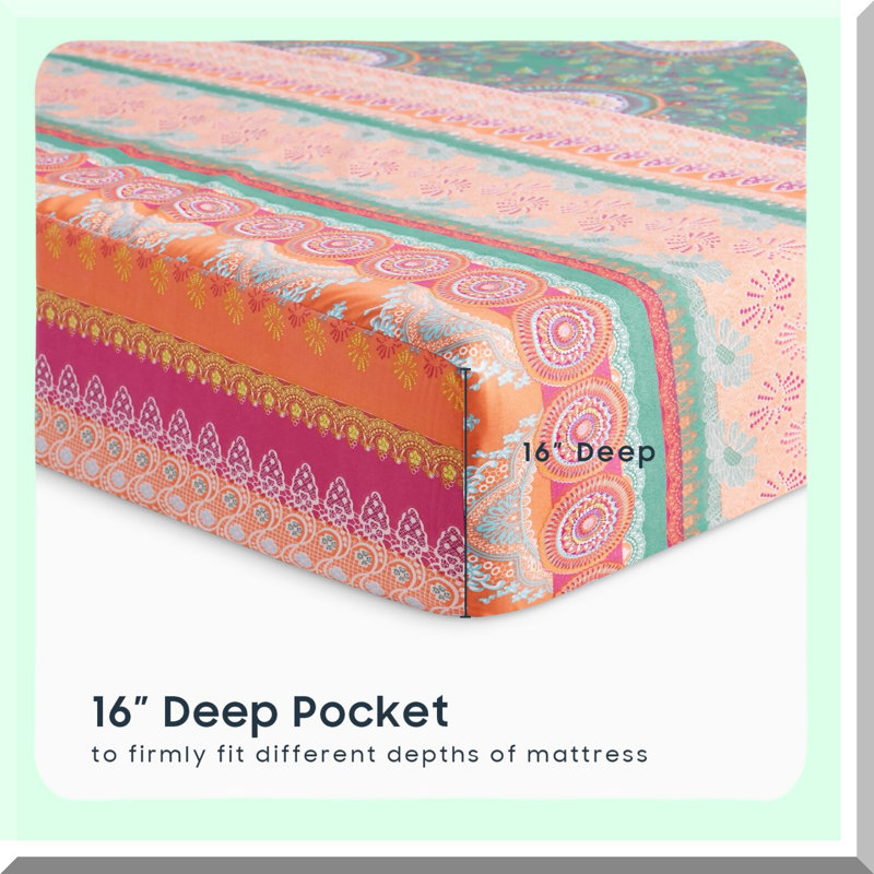 BohoChic Medallion Bedding Set - Full Size 4-Piece Sheets, Deep Pocket Fitted Flat Sheet, Orange Coral Green, Soft Microfiber - Hippie Style