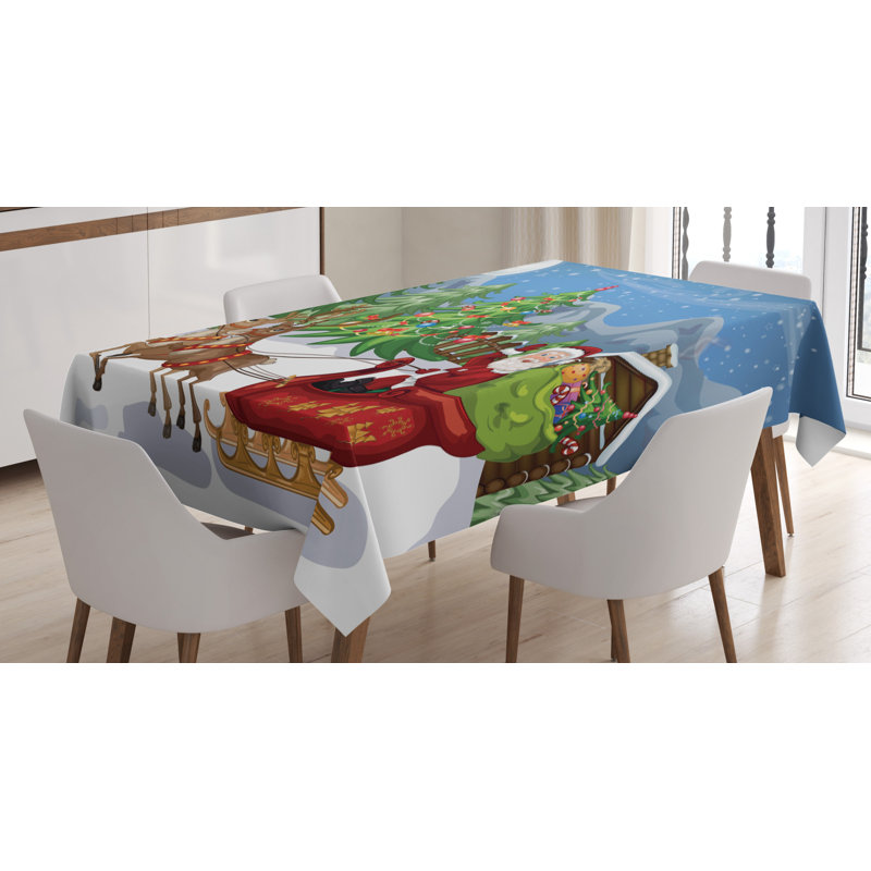 Landscape At Night with Trees Santa Claus Snowdrift Reindeers Mountains Tablecloth, 84" x 60"