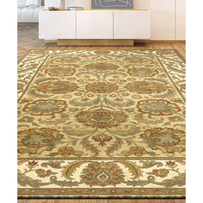 Tapis doré et ivoire de haute qualité noué à la main