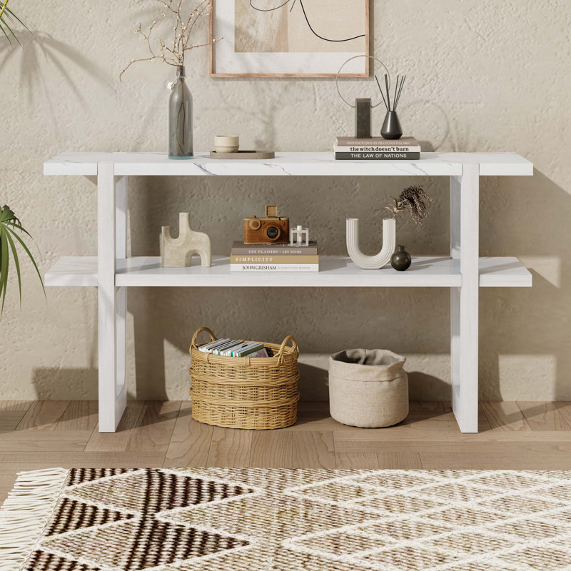 Wood Console Table with  Open Shelf,  Marble-Effect Top, Antique White