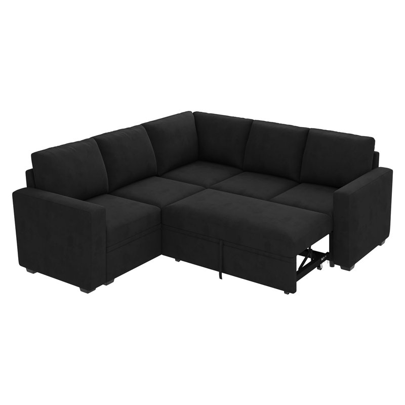 Hoelscher L-shaped Sleeper Sectional Upholstered Sofa Bed With Storage Space Black, Black Velvet
