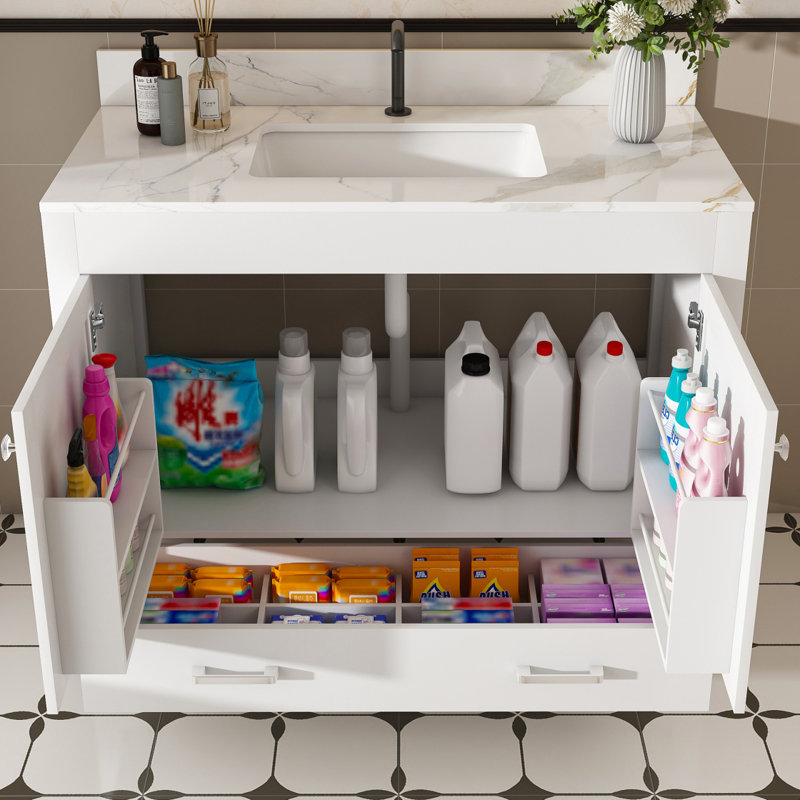 Ensemble de meuble-lavabo moderne de 43 po avec ensemble de couleurs Karalakin en marbre artificiel, armoire de salle de bain multifonctionnelle avec portes et tiroir, cadre solide et panneau de fibres à densité moyenne (trou de robinet simple)