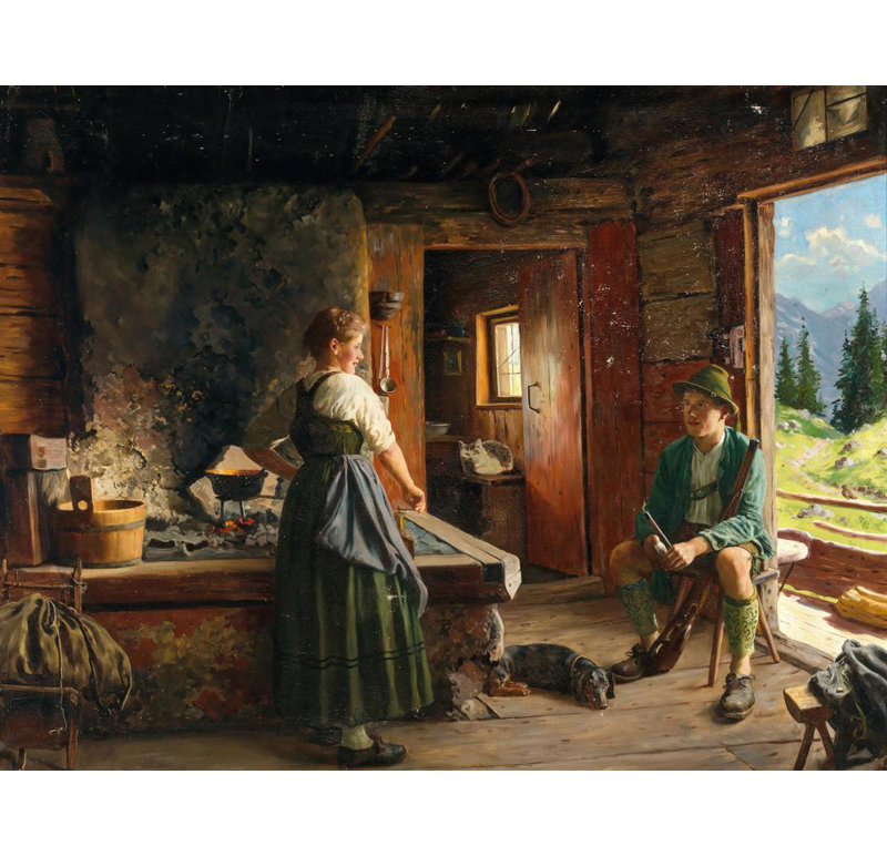 «A Hunter Resting in an Alpine Hut» par Emil Rau - Art mural sur toile tendue avec châssis, H 18 po x l 14 po