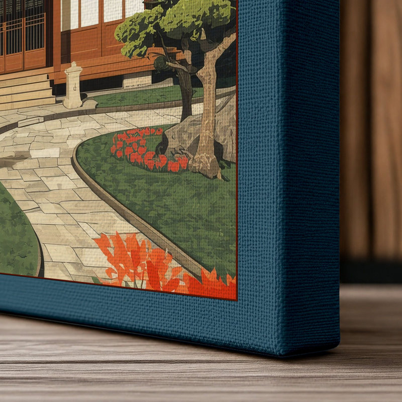 Japanese House with Pine Japandi - Wrapped Canvas, 18x12 - 45.7 x 30.5 cm, Teal Border