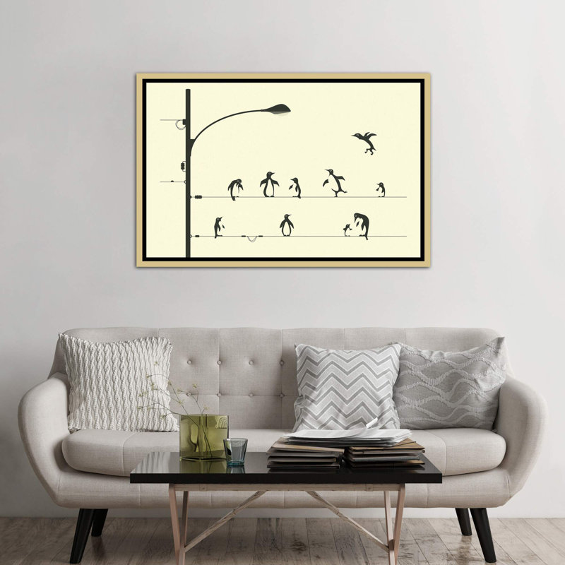 «Penguins on a Wire», art encadré, H 40 po x l 60 po x P 1,5 po, Toile encadrée d'or
