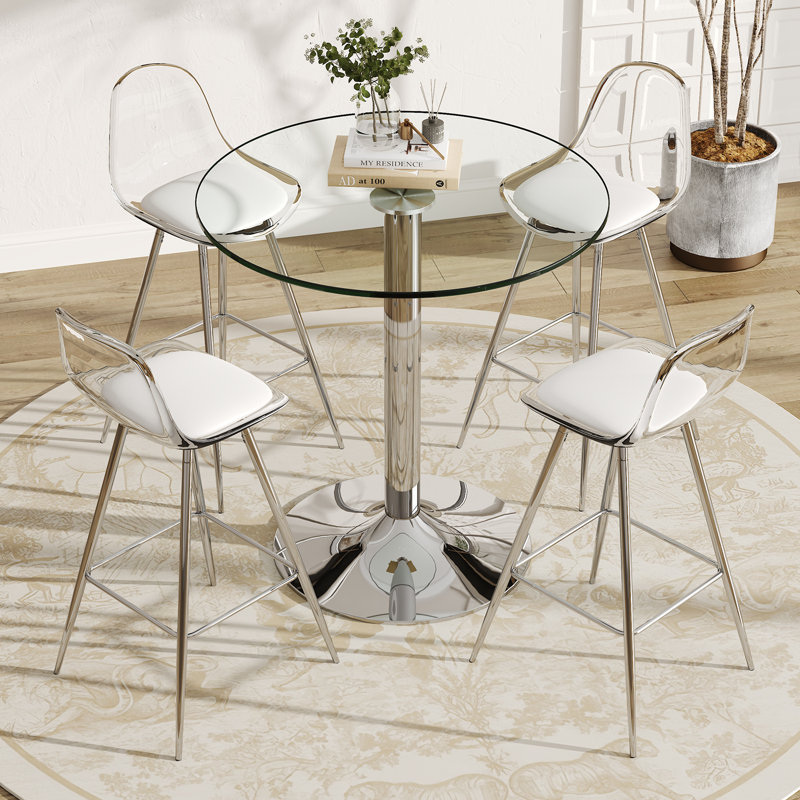 Ensemble de table de bar ronde en verre trempé avec tabourets de hauteur, 5 pièces: table, 4 chaises