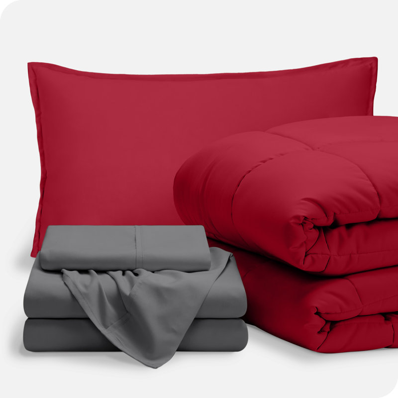 Lit dans un sac en microfibre 1800 de qualité supérieure 1800, Rouge / gris, Édredon simple + 4 pièces supplémentaires