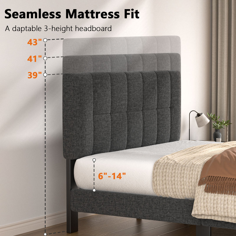 Queen Bed Frame with Adjustable Headboard, Upholstered Platform Bed Frame Queen Size No Box Spring Needed, Noise-Free, Heavy Duty, Dark Grey