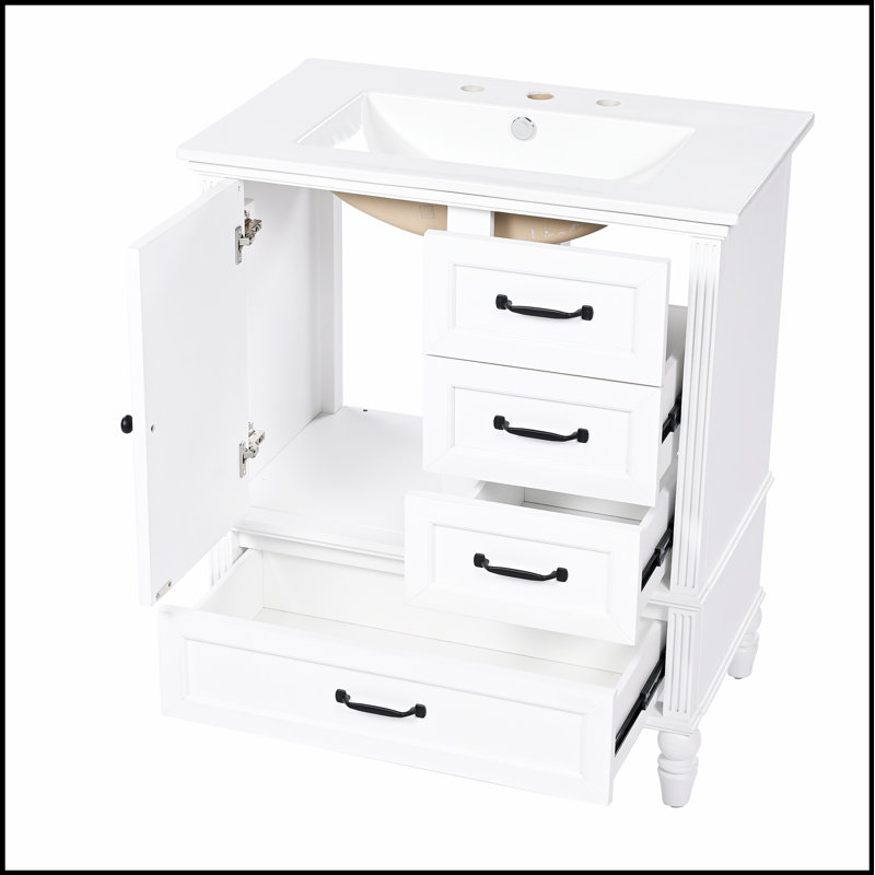 Meuble-lavabo de 30 po avec lavabo, armoire, tiroirs, pieds en bois massif, panneau de fibres à densité moyenne, patins réglables, finition blanche
