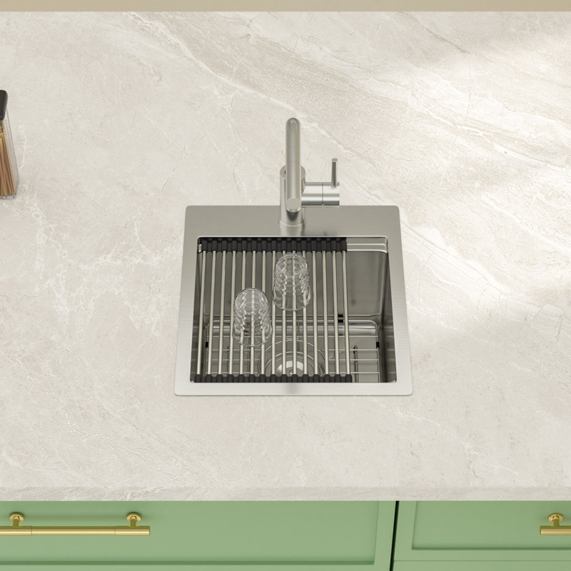 Évier de cuisine de 17 po x l 15 po avec station de travail encastrée avec robinet, évier de cuisine à simple cuve en acier inoxydable avec grille d'évier, planche à découper et support à enrouler