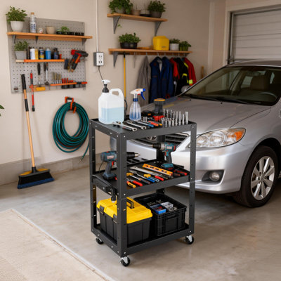 Chariot AV en acier à 3 niveaux avec multiprise et roues, chariot utilitaire roulant à hauteur réglable de 25 po x 18 po (24 à 42 po) pour projecteur et bureau