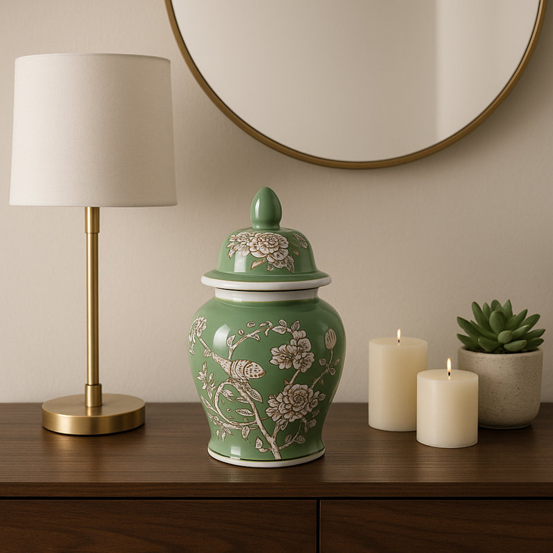 Decorative Bird And Flower Temple Jar With Lid -  Tall Home Decor Accent For Coffee Table - Versatile Jar Or Vase For Office Desk - Green & White