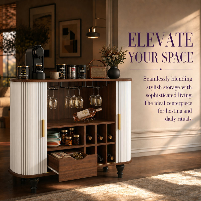 Armoire-bar cannelée de 39,37 po avec porte-bouteilles et rangement, bar à alcool moderne et bar à café, Blanc