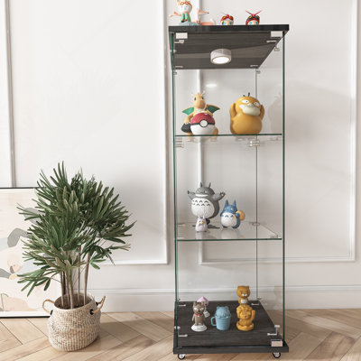 Vitrine moderne en verre avec lumières DEL, armoire antique à assemblage rapide, bibliothèque en verre trempé, convenant au salon et aux chambres à coucher, 1 tablette à 3 portes, noir