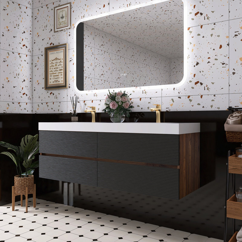 Meuble-lavabo en noyer avec lavabo à surface solide blanc brillant