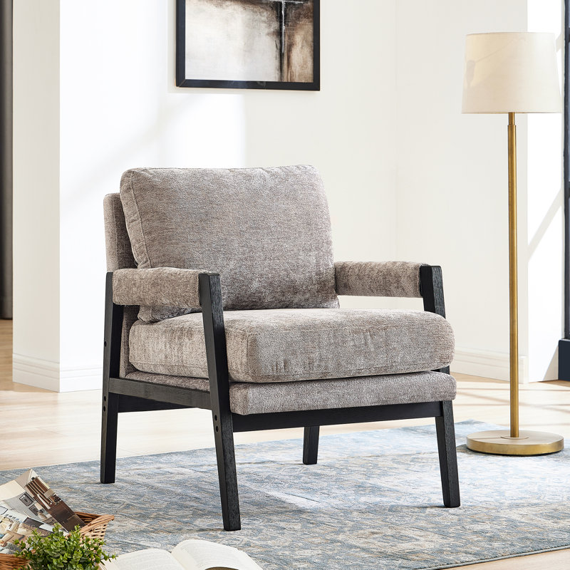 Fauteuil gris Mid-Century moderne - tissu chenille, fabrication, coussin de dossier amovible, revêtement de siège confortable, tentant