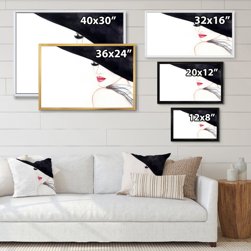 «Fashionista Stylish with Black Hat and Red Lips», reproduction sur toile, H 16 po x l 32 po x P 1 po