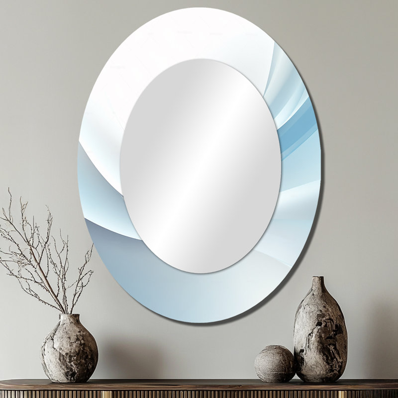 Blue And White Abstract Fractal Fusion III - Abstract Oval Decorative Mirror On Metal, 40" x 30"
