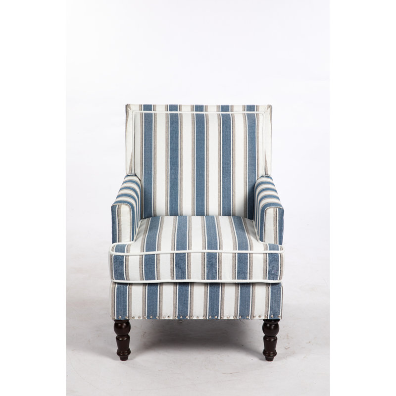 Fauteuil rembourré en lin rayé bleu et blanc, style rétro pour le salon avec garniture cloutée, fauteuil d'appoint confortable à rayures, construction relaxante du fauteuil