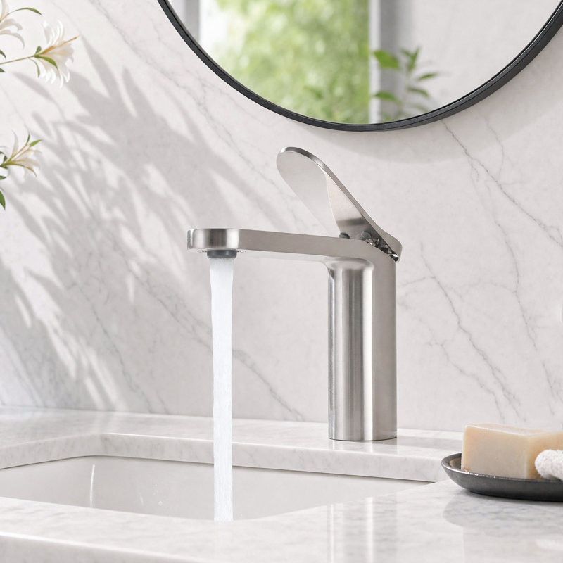 5.7" Modern Single Handle Single Hole Bathroom Vessel Sink Faucet with Drain Assembly, Brushed Nickel, Included