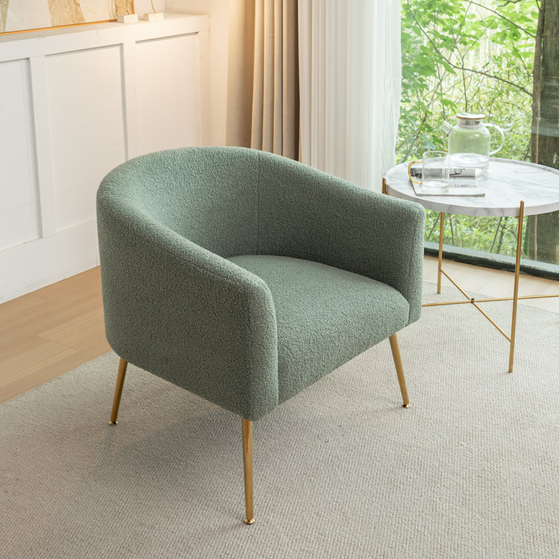 Jameila Upholstered Barrel Chair, Green Faux Fur, 1, Gold