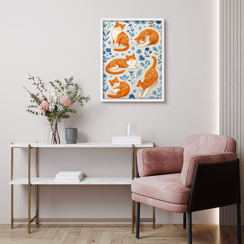 Orange Cat Pattern Floral Framed Wall Art Prints - Playful Animal Design for Kids Room, H 14 po x l 11 po, Blanc