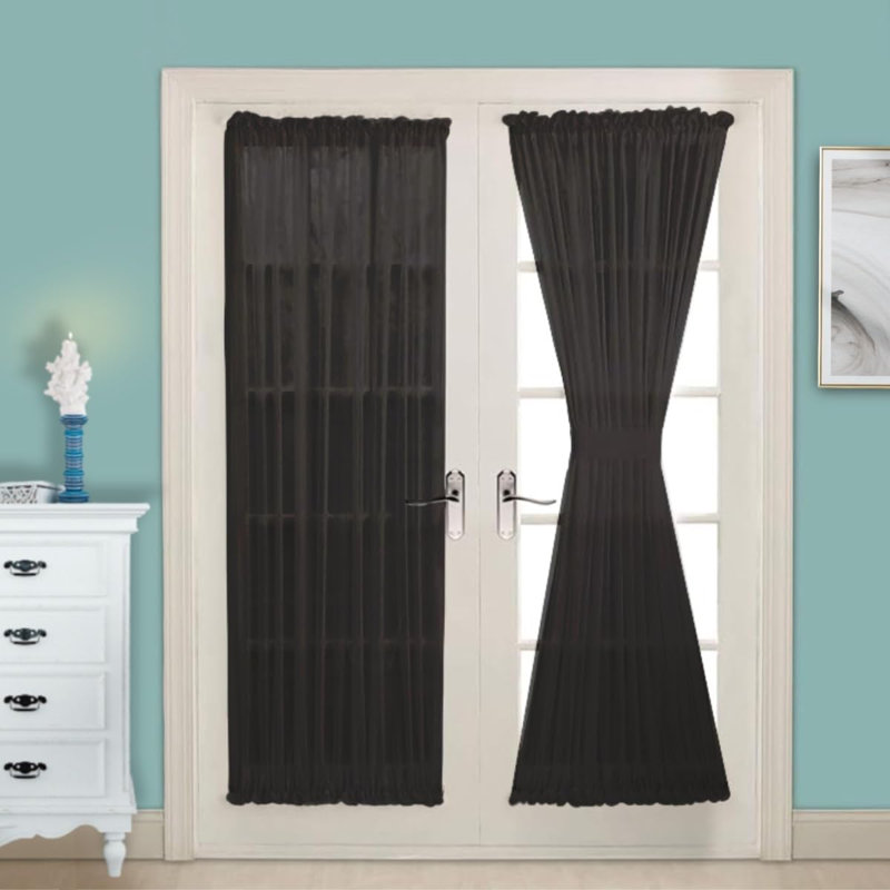 Panneaux de rideaux transparents à portes françaises Cardwell en couleurs beige, noir et blanc et 3 tailles, Noir