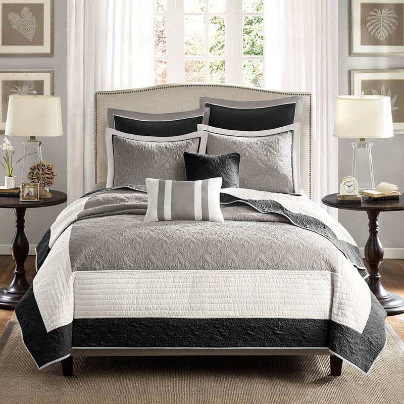 King/ King 7 Piece Quilt With Black Euro Shams And 2 Charming Pillows In Decorative, Black, King Quilt + 6 Additional Pieces