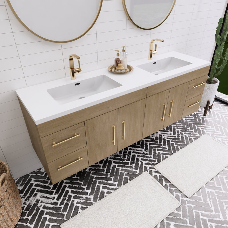 Ensemble de meuble-lavabo double mural 72 po Spring, Chêne blanc