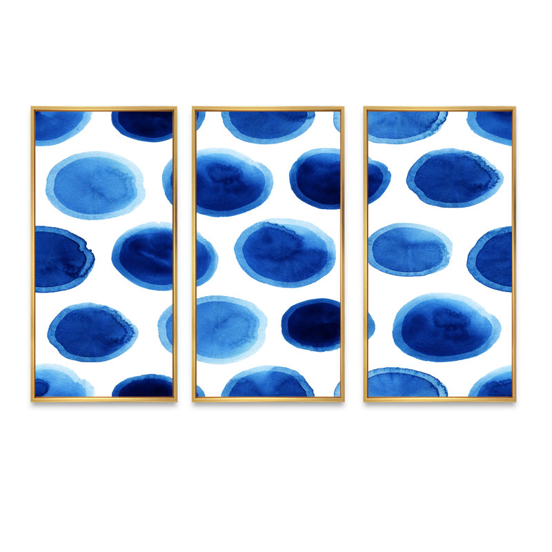 Pois dans les tons de bleu foncé II - ensemble d'art mural moderne sur toile encadrée 3, H 20 po x l 36 po x P 1 po, Or