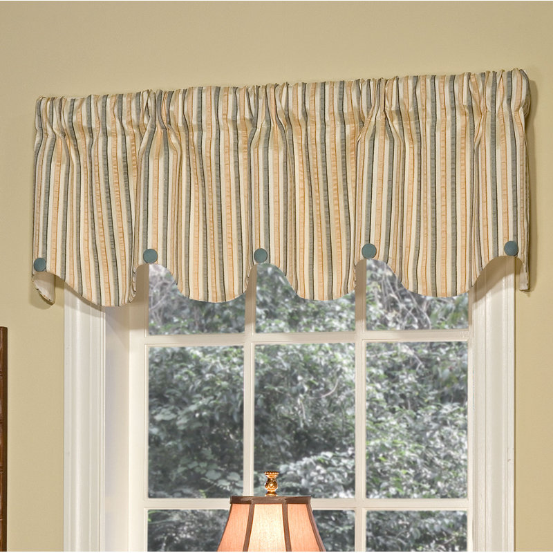 Peach Stripe Scalloped Erin Valance with Grey Buttons, Peach/Beige