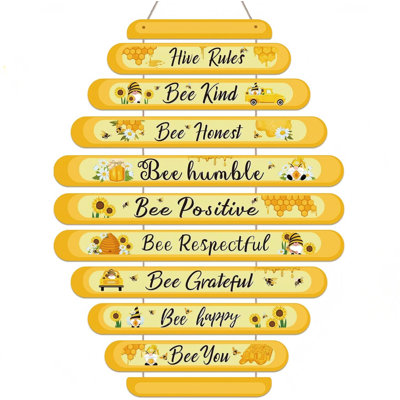 Bee Hive Rules Sign Wooden Bee Classroom Wall Decor Summer Inspirational Daisy Sunflower Honey Sign 11.8" x 19.7" (Yellow)