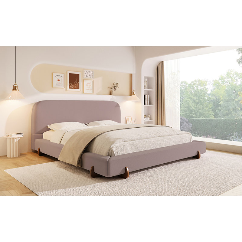 Structure de lit très grand en velours rose, lit épais de 4 pouces, pieds en bois d'hévéa brun, revêtement doux et facile à entretenir pour les côtés de la chambre à coucher, tissu de peau
