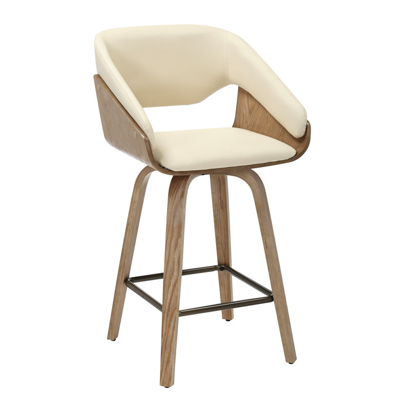  26" Modern Swivel Counter Height Bar Stool with Faux Leather Upholstery, Bentwood Frame & Arms, Antique Copper Footrest, Ivory – Mia by Pipp & Liv (Single)