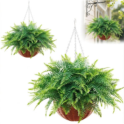 2 PACK Artificial Boston Fern Hanging Baskets, Faux Greenery Plant with Wicker Hanging Planter, UV Resistant Fake Fern for Front Porch, Patio, Garden, Indoor & Outdoor Farmhouse Decor (Set of 2 )
