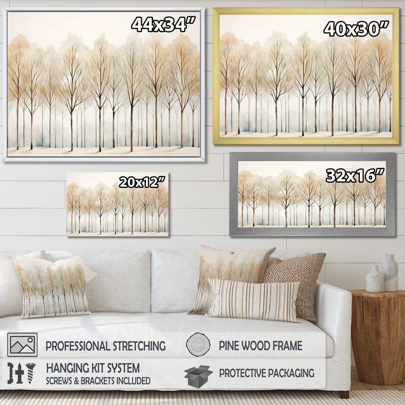 Forêt, arbres, minimalisme, art mural, H 30 po x l 40 po x P 1,5 po, Cadre flottant noir